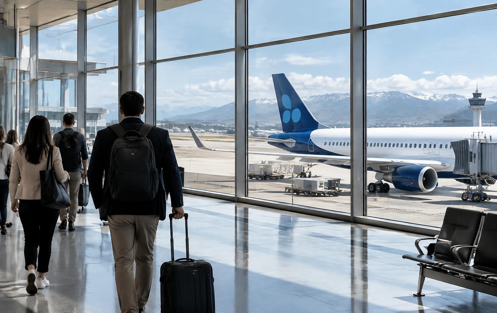 Travellers walking through a bright Aer Blue airport terminal
